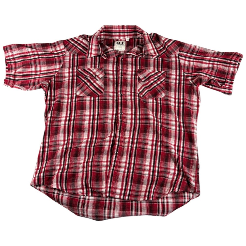 Ely Cattleman Western Shirt Mens XL Red Plaid Pearl Snap Western Workwear Cowboy